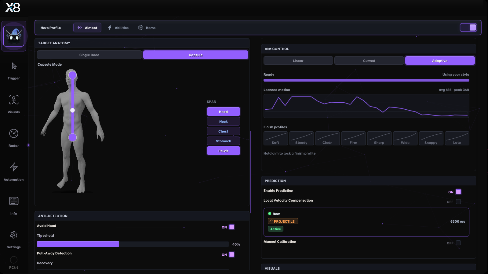 X8 adaptive aim control interface